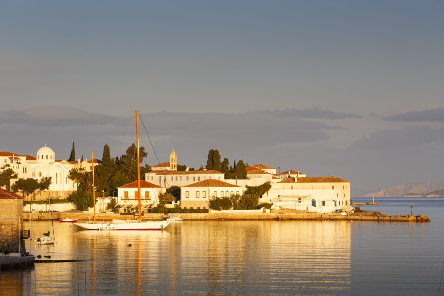 Spetses -Houses in the harbor of Spetses village, Greece.